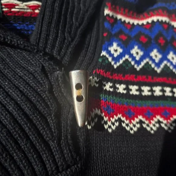 Lauren Ralph Lauren Cotton Sweater Black Shawl Fair Isle Nordic Design Toggle XL - Picture 2 of 9
